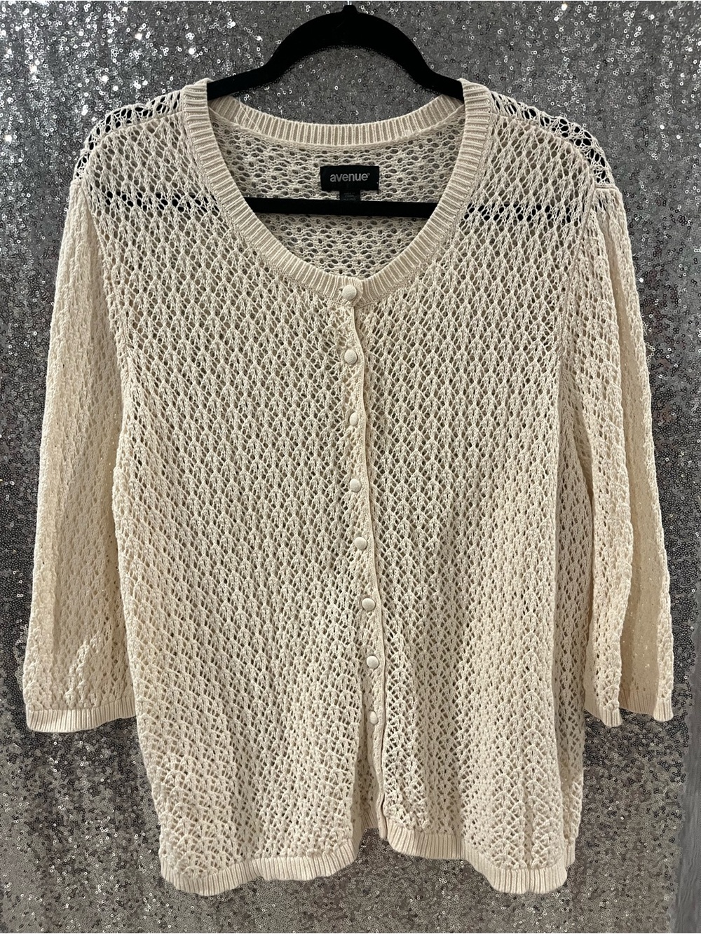 Avenue Open-Weave Cream Button Cardigan